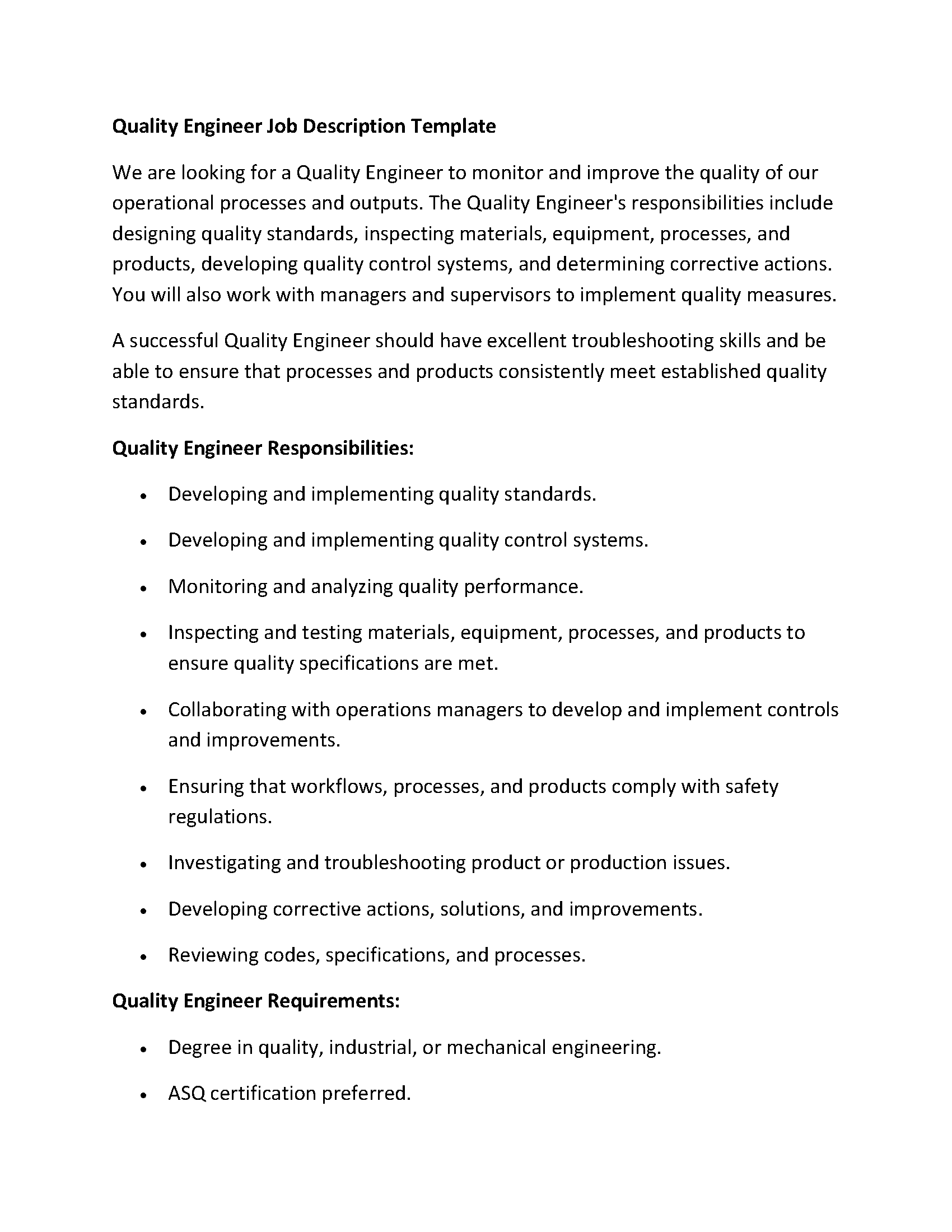 Quality Engineer Job Description Template